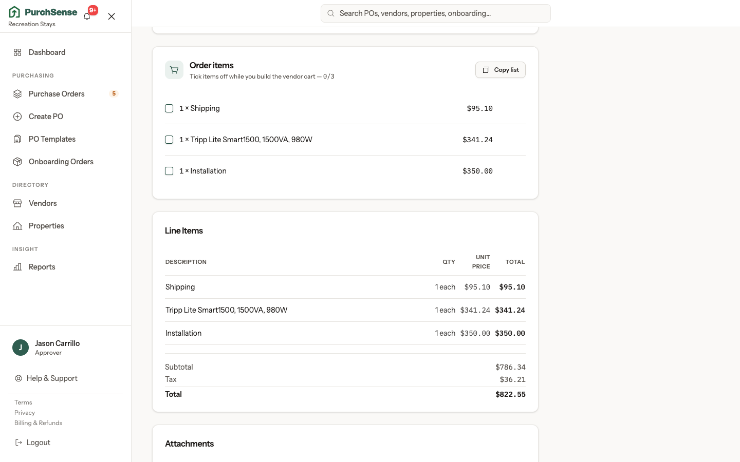 Ordering checklist on an approved purchase order