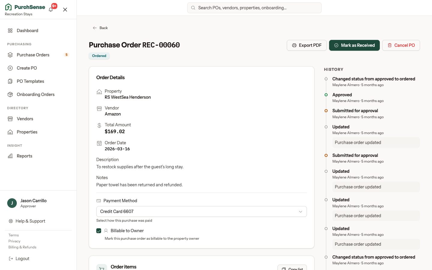 Purchase order detail with history timeline